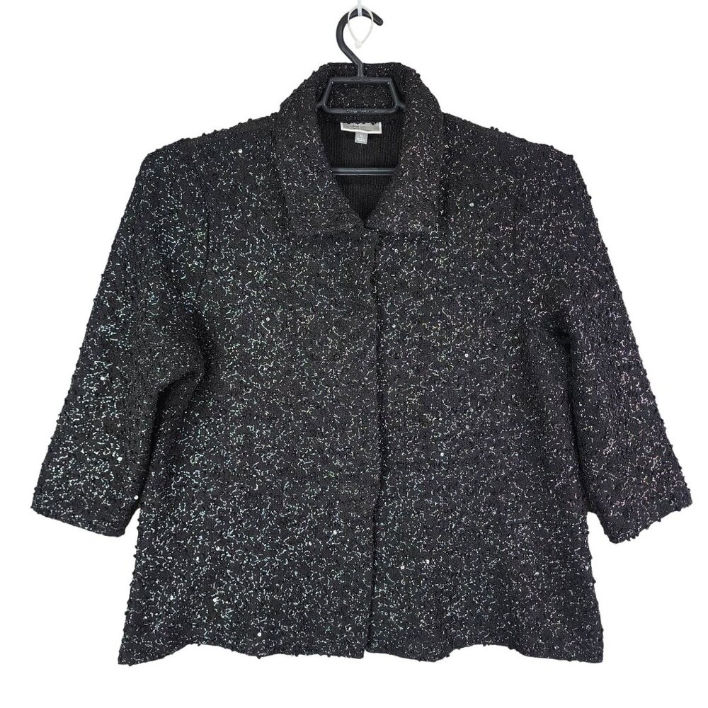 Womens JM Collection Textured Black Sequin Jacket Button Down 3/4 Sleeve XL
